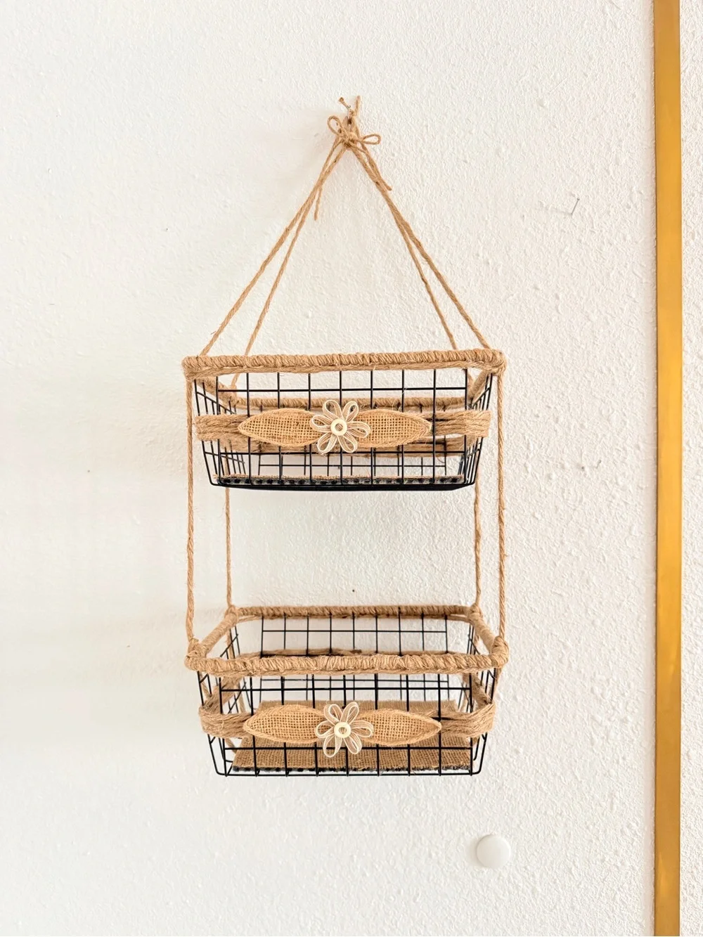 Woven Hanging Two-Tier Bathroom Organizer 11” W Basket - Natural Cream